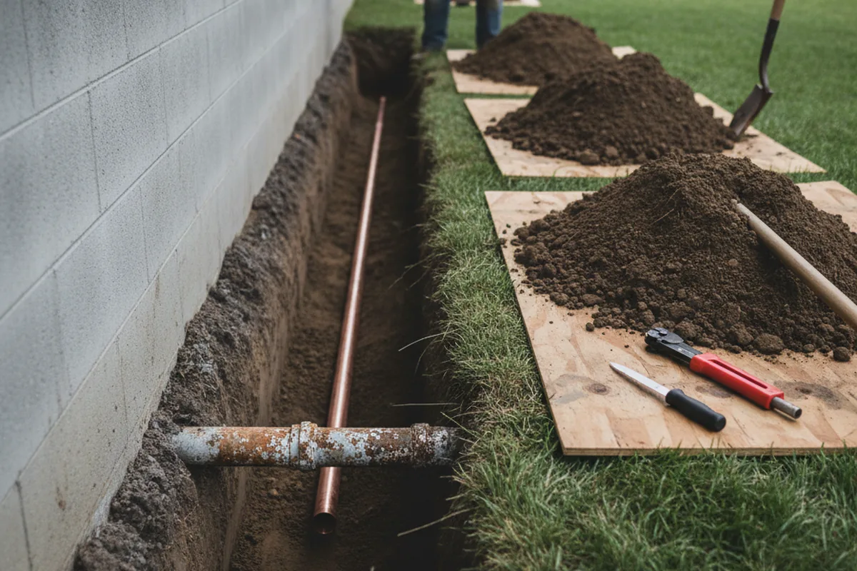 Excavated water line trench during Water Softener Installation in Horse Cave